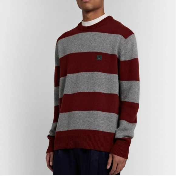 AMERICAN EAGLE AEO Striped Crew Neck Sweater Burgundy‎ Gray Knitwear Pullover L - Picture 1 of 7